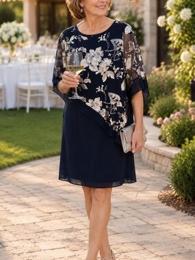 Laura Petites Elegant Navy Floral Asymmetrical Overlay Dress for Women
